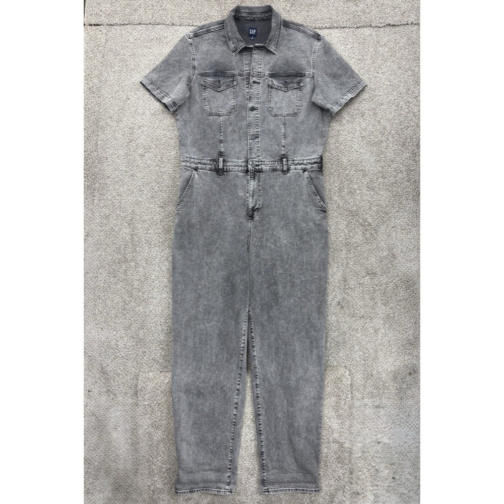 GAP Short Sleeve Denim Jumpsuit Women's Size 16 Tall Gray Black Wash Stretch EUC - Picture 3 of 16